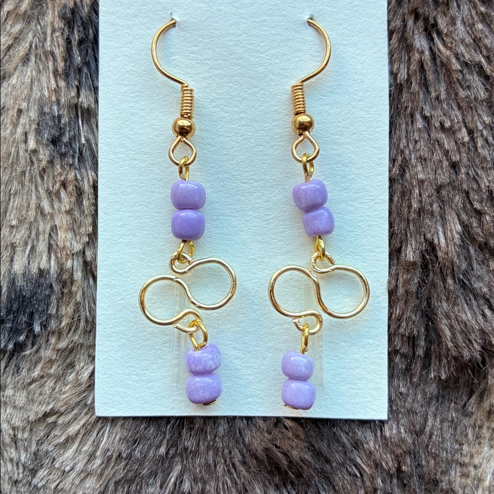 Gold and Purple Beaded Infinity Earrings - Picture 3 of 11